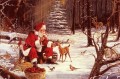 サンタ クロースが森の木々の雪の中の動物たちにクリスマス プレゼントを届けます。